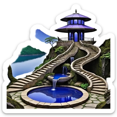 Alien saucer poolhouse jungle winding narrow stairway fountain lakeside mountainside -island getaway nighttime landscape antique mudman very old broken cracked intricate Stone Age lapis-crusted irregular dodecagon-shaped shallow dark moss rough bark violet serissa flowered maple tree bonsai sticker
