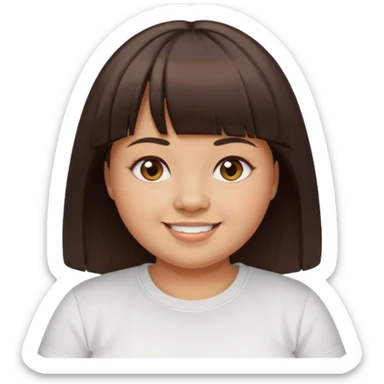 27 year old woman with tan skin, dark brown hair with blunt cut bangs, chubby face, brown eyes, smiling without teeth showing, white tee shirt sticker