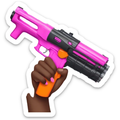 brown hand with pink nails holding large scary dark nerf gun sticker