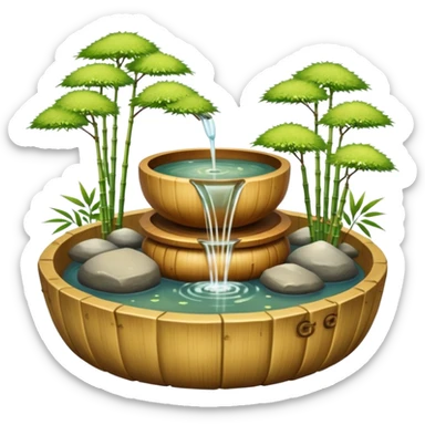 Shiny sparkly glittery beautiful elegant pretty precious divine Japanese zen garden vintage old bamboo fountain with a beautiful wooden bowl underneath aesthetic scenery  sticker
