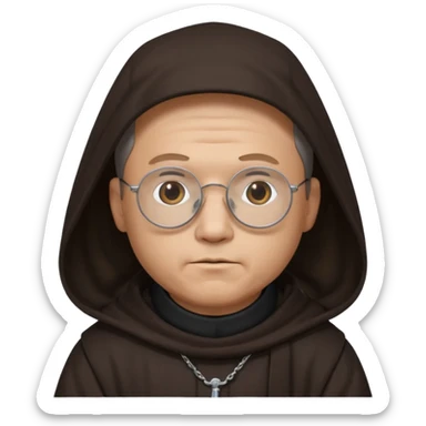 Monk priest prayer black habit with hood round black glasses done light brown wavy hair under hood remove the medallion smaller more round glassed age 46 remove necklace thinner or more oval face  sticker