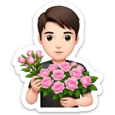 A cool bad boy with fair skin holding a bouquet of pink jasmine roses sticker