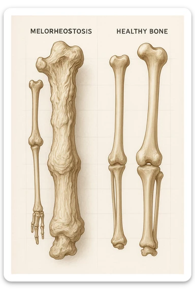 A highly realistic medical illustration focusing on a human arm and leg bones affected by melorheostosis. The bones appear visibly thickened, irregular, and larger than normal, with clear, layered bone growth resembling melted wax dripping down the side of the bones. The image shows a side-by-side comparison with a healthy bone for clarity, highlighting the difference in size and texture. The color palette includes neutral bone colors with subtle shading to show the abnormal contours and ridges. The background is clean and minimalistic, with faint anatomical grid lines for a scientific, educational feel. The overall mood is informative and precise, conveying the key visual characteristic of melorheostosis: progressive bone thickening that makes bones visibly larger and irregular. in italiano sticker