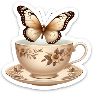 A delicate butterfly with pastel beige  wings, resting on the edge of a perl porcelain teacup adorned with intricate brown floral patterns. sticker