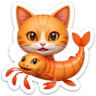 A cute 3D hybrid creature combining a cat and a shrimp, with a cat’s head and a shrimp’s body, bright orange tones, big expressive eyes, smiling face, cartoon style, soft lighting, smooth textures, emoji-like design, high-quality digital illustration. sticker