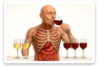 corpo umano con apparato digerente che  ha davanti a sè qualche bicchiere di vino bianco e qualche bicchiere di vino rosso, lui sta bevendo un bicchiere di vino rosso, non fare che ha il cibo in mano, prendi solo spunto dallo stile grafico della foto che ho allegato, sfondo bianco, realistico 4k sticker