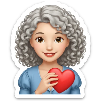 silvery curly/wavy shoulder-length hair smiling lady holding a heart thinner hair sticker