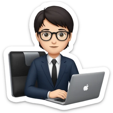 un estudiante con lentes y su laptop CON TERNO Y CABELLO NEGRO sticker