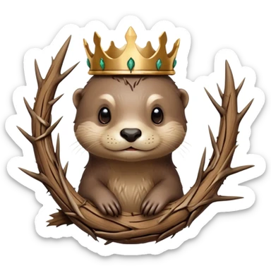 cute otter portrait with thin horizontal thorny branch circling only the forehead, exactly like Jesus Christ's Crown of thorns, no crown shape on top, no metal, just a single wooden thorny stem wrapped horizontally sticker
