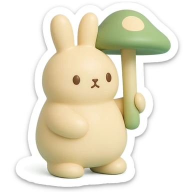 chubby bunny holding a mushroom umbrella, pastel beige and moss green, vinyl figure style sticker