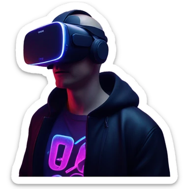 Russian man wearing a black hoodie with "OMG" letters on it and VR headset oculus quest 2 in a cyberpunk VR environment with violet neon lighting. Showing direction with hand sticker