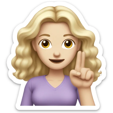 Woman, white skin, pale skin, long hair, blonde hair, wavy hair, lavender top, finger guns sticker