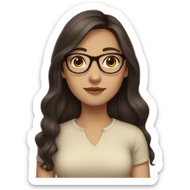 A girl with long dark brown hair and dark brown eyes and beige skin wearing glasses sticker