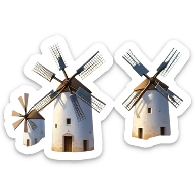 ​Cinematic Realistic Spanish Windmills (Mota del Cuervo), depicted as a cluster of gracefully aged windmills with weathered whitewashed facades and rustic wooden sails, standing proudly on a sunlit, rolling hillside of golden fields and olive groves, rendered with intricate textures and soft natural lighting that captures the timeless rural charm and historical significance of the Spanish landscape, sticker