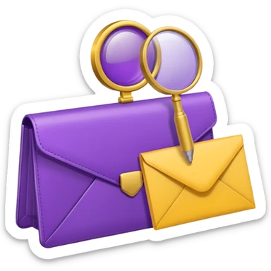 yellow (hex#FFD008) and purple (hex#8C52FF) emojis of a pin, a working case, a folder, a magnifier, an email, an envelope sticker