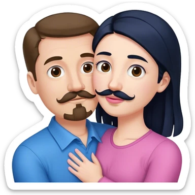Tall white man with brown mustache goatee wearing blue hugged by a short pale woman with long black hair wearing pink sticker