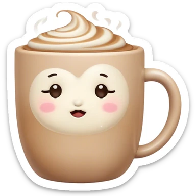 Cute Kawaii Coffee Cup, cozy and warm, a tiny swirl of steam shaped like a heart, round chubby face with a sleepy but content expression, soft pastel brown and cream colors, perfect morning vibes! sticker
