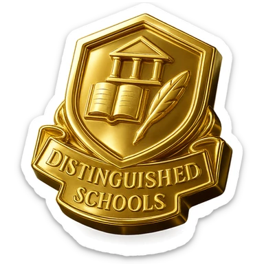 Create a prestigious gold label for distinguished schools with elegant details, refined and luxurious gold style, on a transparent background. sticker