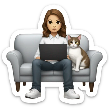 Light skinned girl with brown hair sitting on the couch laptop on her lap next to small gray and white tuxedo cat sticker