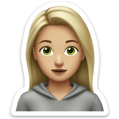 a girl with dirty blonde/brown hair and blonde highlights she is wearing a grey sweatshirt and has green eyes sticker