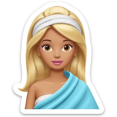 Brown skin blonde hair Barbie with face wash on and hair in towel sticker
