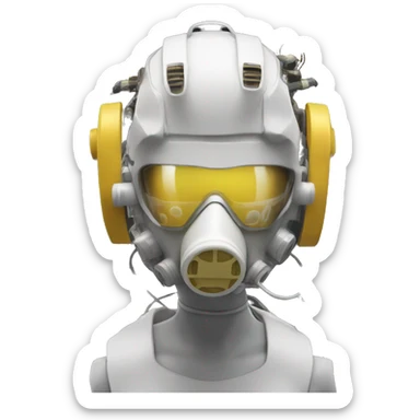 Dark yellow Mohawk female cyborg head with white respirator mask and circuits sticker