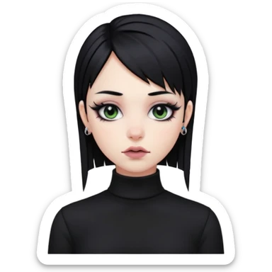 goth girl, straight black hair, verticals labret piercing, black mock neck shirt sticker