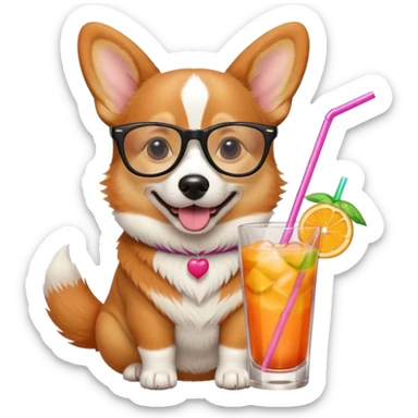 cute corgi dog wearing stylish glasses, happily sipping a colorful cocktail drink through a straw, emoji style sticker