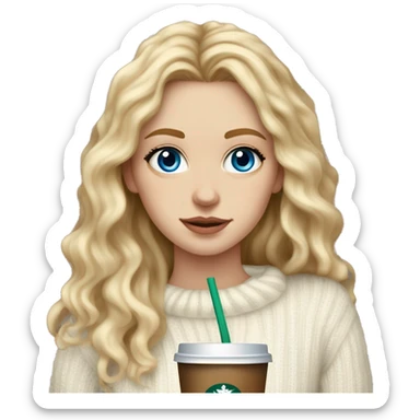 Skinny White girl with blue eyes and wavy long blond hair, in a white sweater drinks a starbucks. sticker