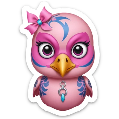 pink bird with piercings and excessive face tattoos and ribbon two eyes sticker