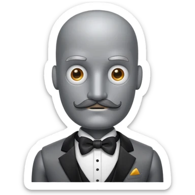 Gray Robot with a square head, no hair, no pupils, thick handlebar moustache, wearing a tuxedo, buff sticker