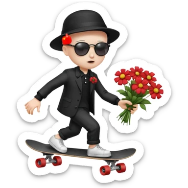 ["Ai sad boy wnith pale sgkin, bald , wearing aa sunhat a nd sunglascses, dresased in gomh fashien, is skrateboardiang while h.olding a f"lower bou]quet."] sticker