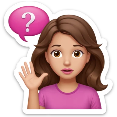 girl with long wavy brown hair, brown eyes, light to medium complexion, in a pink shirt, pink lips, long lashes, shugging, question mark one speech bubble sticker