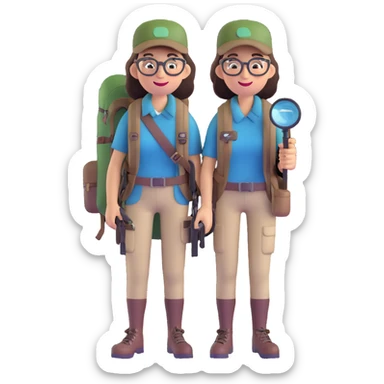Happy female explorer with glasses, hiking outfit, backpack, holding a single magnifying glass sticker