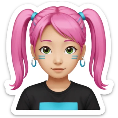 a girl wearing a black t shirt with cyan letters'mira', brave and smart face, narrow eyes, korean girl, small grin,half up half down look with two diagonal pigtails, long pink hair sticker