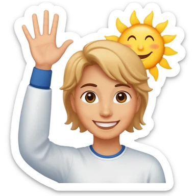 a person waving and saying good morning, sun rising in background, cheerful and friendly sticker