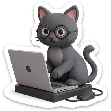 Change the cat to a gray cat, keep the IT theme, working on a laptop, modern tech vibe, clean background, no background (transparent). sticker