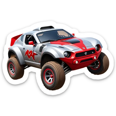 Satan’s (post race) Dirty and dented Local Motors Rally Fighter off road race car hot rod flying turning a tight corner (silver wheels) sticker