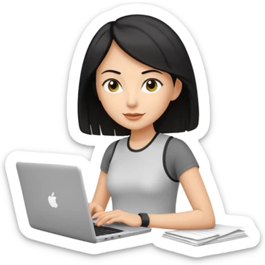 short white lady with black shoulder length hair who is a runner, used to be a teacher, and works remotely through a laptop as a documents engineering manager and is a vegan. sticker