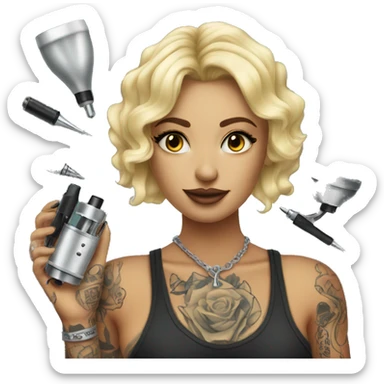 blonde tattoo artist with tattoo holding tattoo machine sticker