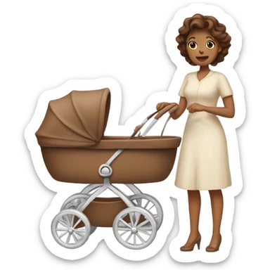 beautiful mother with brown hair. next to caramel baby carriage sticker