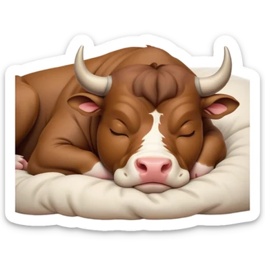 meme-worthy-cute-sleeping-domestic-bull-portrait-emoji,-head-resting-peacefully-with-a-contented-smile,-showcasing-a-robust,-muscular-build-and-a-luxuriously-soft-coat,-eyes-gently-closed-in-serene,-restful-slumber,-simplified,-solid-brown sticker