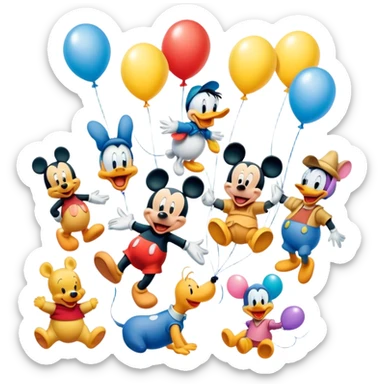 Icon for Animated Movies: A colorful, playful collage of classic cartoon characters like Goofy, Mickey Mouse, Donald Duck, Winnie-the-Pooh, and others. Bright, vibrant colors with cheerful expressions and fun elements like balloons and stars. Whimsical and nostalgic style. Transparent background. sticker