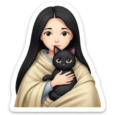 A girl with fair skin and long black hair wrapped in a blanket hugging a black cat sticker