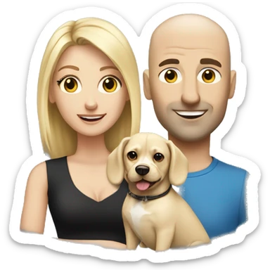 Bald Caucasian man and blonde woman with two small dogs, one white and one white and black sticker