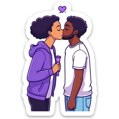 White guy with brown hair and light beard kissing black girl with black hair with purple streaks. Make them the same height sticker