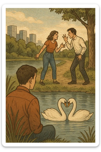 Vertical format: A man observing a pair of animals, for example two swans, showing pure love. In the background, a modern human couple is arguing, creating a contrast between natural love and societal problems. sticker