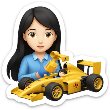 black long black haired girl kid playing yellow colored formula 1 car toy sticker
