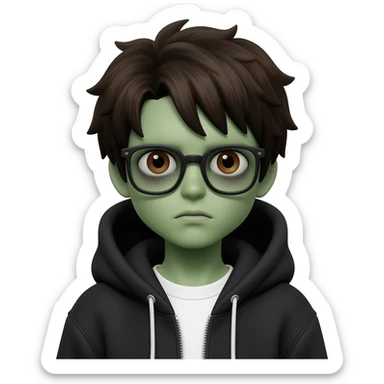 zombie boy with white tshirt and black brownish hair and with black glasses frames on hair is texturized young boy and round face more green face and dark brown eyes black thick cotton y2k hoodie with the white t-shirt under it hood of hoodie is standing up a slight bit and no ties on hoodie sticker