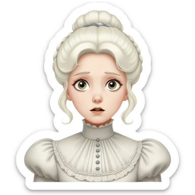 Awestruck Victorian-era white woman with white coiffed hair, light eyes, wearing a simple turtleneck Victorian gown, with a dropped jaw in shock sticker